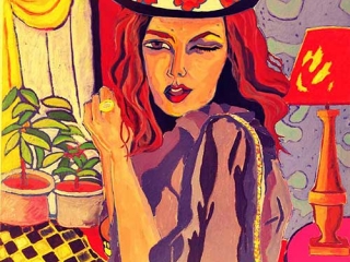 Painting Pilar Lucero Woman Closing One Eye Wearing Hat